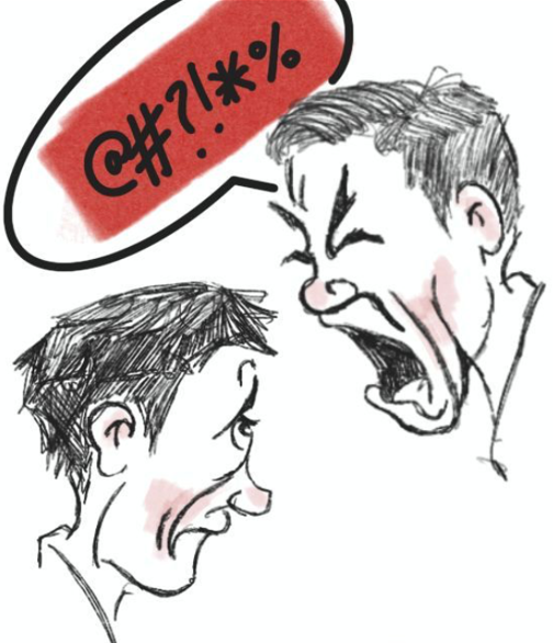 A caricature of one man yelling at another