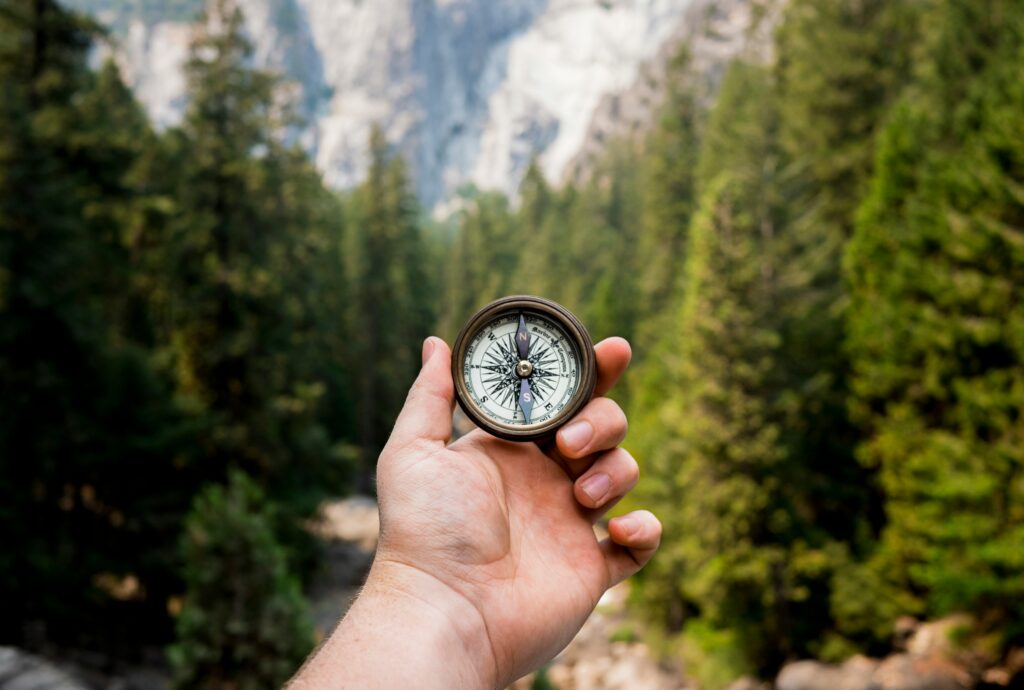 Image of someone holding a compass in the woods