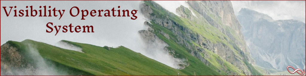 Visibility Operating System dark red text in fog contrasting to green pastures high in mountains.  